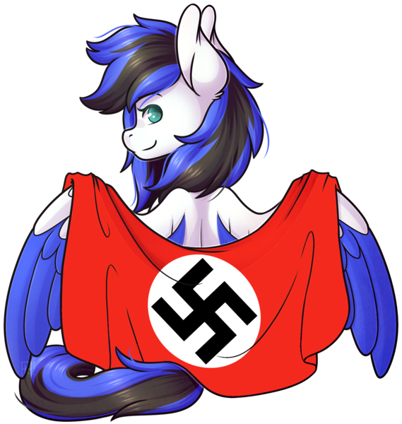 Size: 1749x1845 | Tagged: safe, artist:ak4neh, banned from derpibooru, edit, editor:drtoughlove, unauthorized edit, oc, oc:black ice, unofficial characters only, pegasus, pony, clothes, cute, female, flag, looking at you, mare, nazi, pegasus oc, pride, simple background, sitting, solo, spread wings, swastika, transparent background, wings