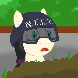 Size: 576x576 | Tagged: safe, artist:scraggleman, oc, oc:floor bored, ponified, unofficial characters only, earth pony, pony, bags under eyes, bust, female, goggles, helmet, history, image, mare, meme, neet, neet home guard, not boysenbery, png, solo, the first image ever posted on twibooru, zitakukeibitai