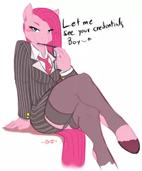 Size: 780x942 | Tagged: anthro, artist:0r0ch1, beckoning, black underwear, blushing, breasts, businessmare, business suit, clothes, crossed legs, derpibooru import, female, femdom, glasses, hooves, inviting, legs, panties, pinkamena diane pie, pinkie pie, pinstripes, seductive pose, sexy, skirt, skirt lift, skirt suit, solo, solo female, stockings, stupid sexy pinkie, suggestive, suit, underwear, unguligrade anthro, upskirt