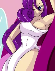 Size: 1600x2071 | Tagged: armpits, artist:d-xross, belly button, breasts, busty rarity, cleavage, clothes, derpibooru import, dress, female, human, humanized, one eye closed, rarity, solo, solo female, suggestive