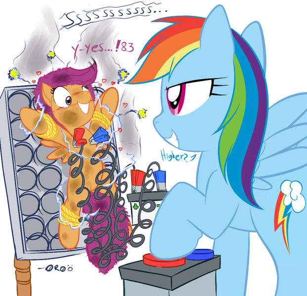 Size: 1016x982 | Tagged: questionable, artist:0r0ch1, derpibooru import, rainbow dash, scootaloo, pegasus, pony, age difference, anatomically incorrect, battery, bdsm, blushing, bondage, clamps, consensual, dashdom, electricity, electrocution, female, femdom, femsub, filly, foalcon, happy bondage, lesbian, mare, mare on filly, masochism, nipple clamps, rambo 2, scootadash, scootasub, shipping, spread eagle, submissive