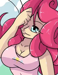 Size: 1600x2071 | Tagged: artist:d-xross, breasts, busty pinkie pie, cleavage, derpibooru import, female, human, humanized, one eye closed, pinkie pie, safe, solo