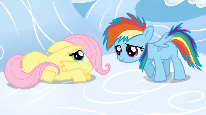 Size: 890x500 | Tagged: safe, artist:mangaka-girl, derpibooru import, fluttershy, rainbow dash, pegasus, pony, blank flank, cloud, cloudsdale, crying, duo, female, filly, filly fluttershy, filly rainbow dash, floppy ears, foal, hooves, lying down, on a cloud, prone, raised hoof, show accurate, spread wings, standing, wings, younger