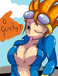 Size: 1600x2071 | Tagged: absolute cleavage, artist:d-xross, breasts, busty spitfire, cleavage, clothes, condom, condom in mouth, derpibooru import, female, goggles, human, humanized, mouth hold, one eye closed, solo, solo female, spitfire, suggestive, torn clothes, uniform, wonderbolts uniform