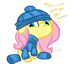 Size: 1100x1000 | Tagged: dead source, safe, artist:tess, derpibooru import, fluttershy, pegasus, pony, bottomless, clothes, female, floppy ears, hat, mare, partial nudity, simple background, sitting, socks, solo, striped socks, sweater, sweatershy, white background