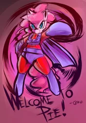 Size: 684x972 | Tagged: safe, artist:0r0ch1, derpibooru import, pinkie pie, earth pony, pony, abstract background, cape, clothes, crossover, female, floating, looking at you, magneto, mare, pun, solo, welcome to die, x-men