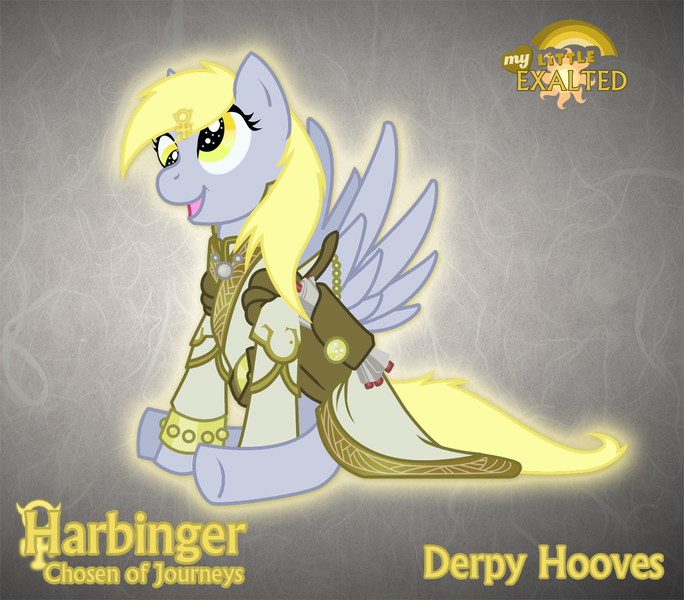 Size: 1280x1123 | Tagged: safe, artist:rhanite, derpibooru import, derpy hooves, pegasus, pony, abstract background, crossover, exalted, female, mare, photoshop, sidereal exalted, sitting, solo