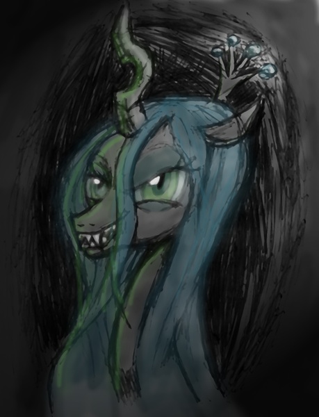 Size: 1093x1428 | Tagged: safe, artist:wafflecannon, derpibooru import, queen chrysalis, changeling, changeling queen, abstract background, bust, fangs, female, grin, image, jpeg, lidded eyes, looking at you, portrait, smiling, solo