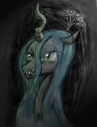 Size: 1093x1428 | Tagged: safe, artist:wafflecannon, derpibooru import, queen chrysalis, changeling, changeling queen, abstract background, bust, fangs, female, grin, image, jpeg, lidded eyes, looking at you, portrait, smiling, solo