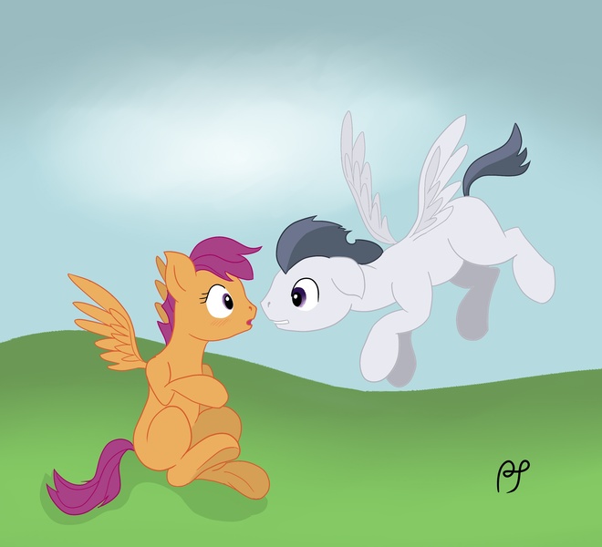 Size: 2569x2335 | Tagged: safe, artist:postscripting, derpibooru import, rumble, scootaloo, pegasus, pony, colt, eye contact, female, filly, floating, high res, looking at each other, male, rumbloo, shipping, sitting, straight