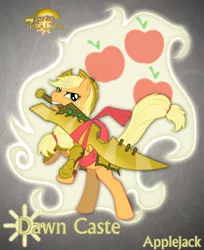 Size: 1044x1280 | Tagged: safe, artist:rhanite, derpibooru import, applejack, earth pony, pony, abstract background, anima banner, armor, crossover, exalted, female, gray background, mare, mouth hold, photoshop, simple background, solar exalted, solo, sword, weapon