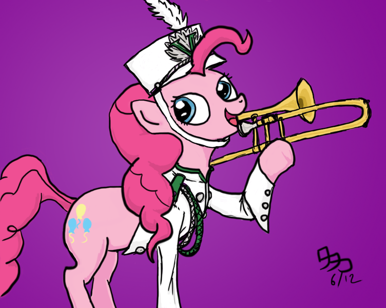 Size: 1112x887 | Tagged: safe, artist:wafflecannon, derpibooru import, pinkie pie, earth pony, pony, clothes, female, marching band, mare, simple background, solo, trombone