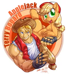 Size: 1451x1628 | Tagged: safe, artist:0r0ch1, derpibooru import, applejack, earth pony, human, pony, crossover, fatal fury, female, male, mare, snk, terry bogard