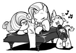 Size: 776x544 | Tagged: safe, artist:0r0ch1, derpibooru import, rarity, spike, dragon, pony, unicorn, clothes, dress, eyes closed, female, flower, heart, male, mare, microphone, monochrome, music notes, musical instrument, piano, shipping, side, singing, sparity, straight
