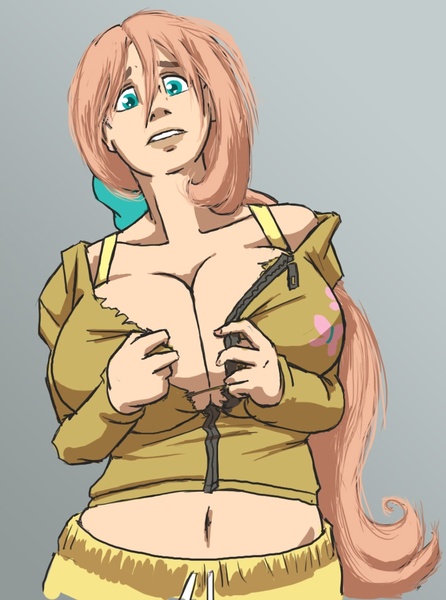 Size: 779x1047 | Tagged: artist:moronsonofboron, belly button, big breasts, breasts, busty fluttershy, clothes, derpibooru import, female, fluttershy, huge breasts, human, humanized, midriff, solo, solo female, suggestive, torn clothes, wardrobe malfunction