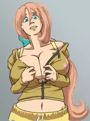 Size: 779x1047 | Tagged: artist:moronsonofboron, belly button, big breasts, breasts, busty fluttershy, clothes, derpibooru import, female, fluttershy, huge breasts, human, humanized, midriff, solo, solo female, suggestive, torn clothes, wardrobe malfunction
