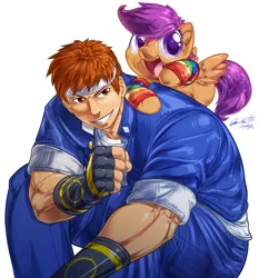 Size: 956x1024 | Tagged: safe, artist:0r0ch1, derpibooru import, scootaloo, human, pegasus, pony, crossover, female, filly, king of fighters, male, shingo yabuki, snk