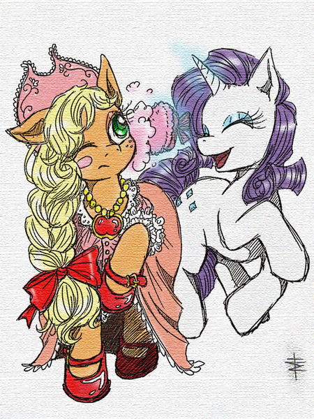 Size: 600x800 | Tagged: safe, artist:tt-n, derpibooru import, applejack, rarity, earth pony, pony, unicorn, applejack also dresses in style, bow, clothes, dress, dressup, duo, female, hair bow, hat, makeup, mare, mary janes, shoes, traditional art