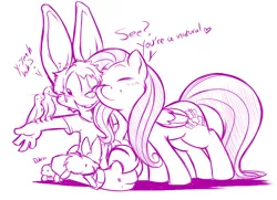 Size: 786x570 | Tagged: safe, artist:0r0ch1, derpibooru import, fluttershy, oc, oc:0r0ch1, bird, pegasus, pony, rabbit, animal, female, furry, mare, monochrome, nuzzling, slicky