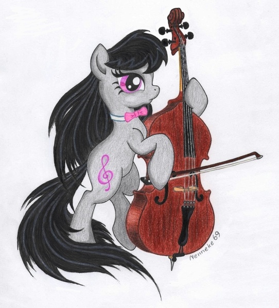 Size: 1282x1418 | Tagged: safe, artist:nenneke69, derpibooru import, octavia melody, earth pony, pony, bipedal, cello, female, mare, musical instrument, simple background, solo, traditional art