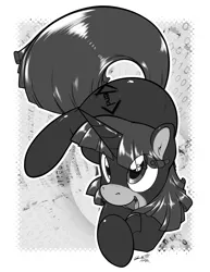 Size: 956x1238 | Tagged: safe, artist:0r0ch1, derpibooru import, oc, oc:curly bracket, unofficial characters only, pony, unicorn, abstract background, catsuit, female, grayscale, mare, monochrome, open mouth, smiling, solo