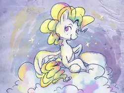Size: 1600x1200 | Tagged: safe, artist:pashapup, derpibooru import, surprise, pegasus, pony, cloud, cutie mark, female, g1, g1 to g4, generation leap, hooves, lying on a cloud, mare, on a cloud, sitting, solo, wings