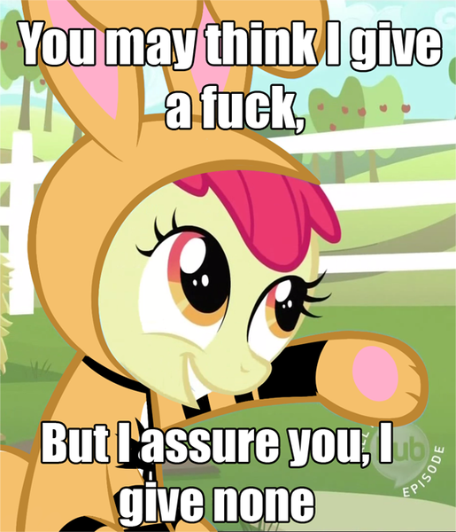 Size: 578x674 | Tagged: safe, artist:0r0ch1, derpibooru import, edit, edited screencap, screencap, apple bloom, earth pony, pony, rabbit, family appreciation day, animal costume, bunny costume, clothes, costume, female, fence, filly, hub logo, image macro, no fucks, solo, suit, vulgar