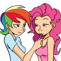 Size: 945x945 | Tagged: suggestive, artist:megasweet, derpibooru import, pinkie pie, rainbow dash, human, breasts, female, humanized, implied shipping, lesbian, lollipop, pinkiedash, pointed breasts, shipping, simple background, sucking, white background