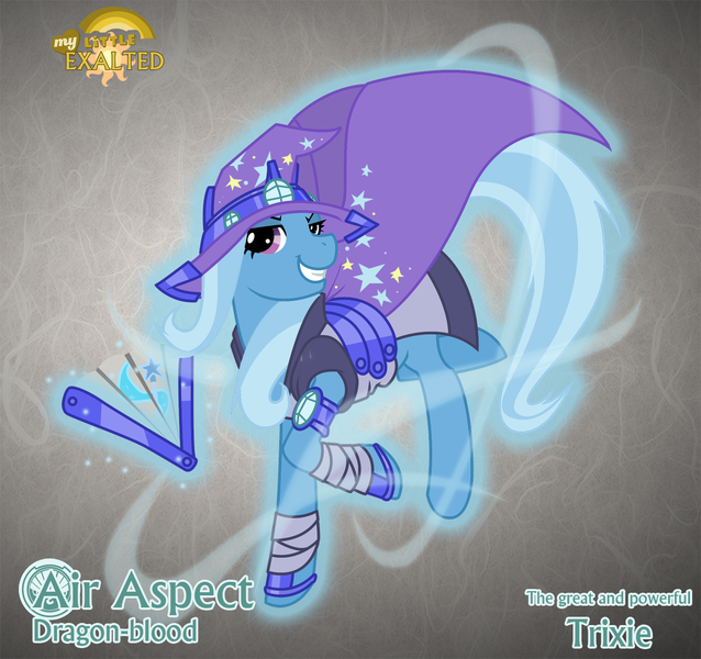 Size: 1280x1204 | Tagged: safe, artist:rhanite, derpibooru import, trixie, pony, unicorn, abstract background, crossover, exalted, fan, female, gray background, magic, mare, photoshop, simple background, solo, telekinesis, terrestrial exalted