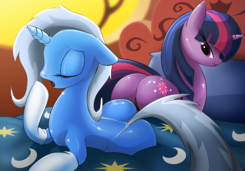 Size: 1904x1327 | Tagged: dead source, suggestive, artist:zev, derpibooru import, trixie, twilight sparkle, pony, unicorn, bed, bedroom, black underwear, blanket, blue mane, blue tail, clothes, cutie mark, eyelashes, eyes closed, female, floppy ears, golden oaks library, indoors, lesbian, looking back, mare, morning, multicolored mane, multicolored tail, open clothes, panties, pillow, pink mane, pink tail, plot, purple mane, purple tail, shipping, smiling, socks, tail, thong, twibutt, twixie, window, yawn