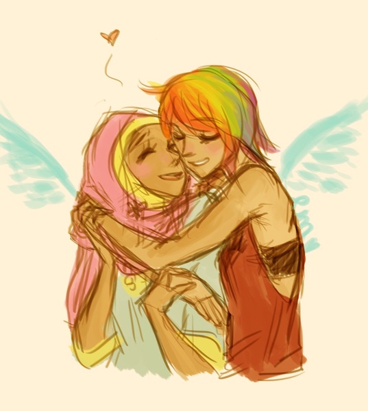 Size: 815x910 | Tagged: safe, artist:emmy, derpibooru import, fluttershy, rainbow dash, human, cute, duo, female, flutterdash, heart, hijab, hug, humanized, islam, islamashy, lesbian, shipping, simple background