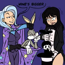Size: 945x945 | Tagged: artist:megasweet, bugs bunny, bunny out of the hat, crossover, dc comics, derpibooru import, dialogue, disney, dreamworks face, female, hat, human, humanized, leotard, looney tunes, magician, magician outfit, magic trick, merrie melodies, oswald the lucky rabbit, purple background, rabbit, safe, simple background, smug, top hat, trixie, wizard hat, zatanna