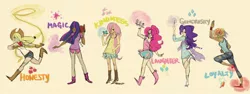 Size: 1500x565 | Tagged: applejack, artist:emmy, bandage, bandaid, bird, book, clothes, cupcake, derpibooru import, dirty, dress, female, fluttershy, human, humanized, lasso, line-up, mane six, pinkie pie, rainbow dash, rarity, rope, safe, skirt, tan lines, twilight sparkle, wristband