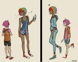 Size: 900x721 | Tagged: artist:emmy, converse, derpibooru import, female, human, humanized, rainbow dash, safe, scootaloo, shoes, skinny