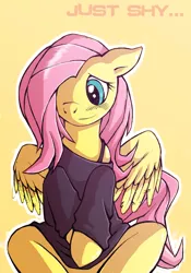 Size: 2370x3386 | Tagged: dead source, safe, artist:lonelycross, derpibooru import, fluttershy, pegasus, pony, blushing, bottomless, bra strap, clothes, covering, female, high res, mare, off shoulder, partial nudity, photoshop elements, simple background, sitting, solo, sweater, sweatershy, yellow background