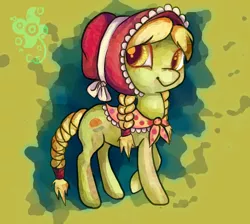 Size: 684x614 | Tagged: safe, artist:caramelflower, derpibooru import, granny smith, earth pony, pony, abstract background, adorasmith, bonnet, braid, braided tail, cute, female, filly, solo, young