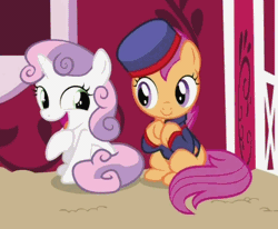 Size: 459x378 | Tagged: safe, derpibooru import, screencap, scootaloo, sweetie belle, pegasus, pony, unicorn, family appreciation day, animated, cute, cutealoo, diasweetes, duo, female, filly, gif, hoof rubbing, laughing, rubbing hooves, scootagram, sitting