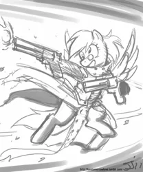 Size: 667x800 | Tagged: safe, artist:johnjoseco, derpibooru import, derpy hooves, pony, bipedal, clothes, crossover, dual wield, grayscale, gun, monochrome, solo, trigun, vash the stampede, weapon
