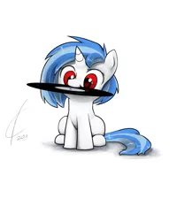 Size: 1600x2000 | Tagged: safe, artist:valcron, derpibooru import, vinyl scratch, pony, unicorn, cute, female, filly, foal, mouth hold, record, red eyes, simple background, solo, vinylbetes, white background, younger