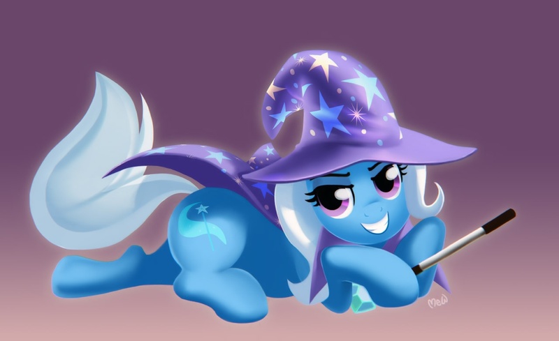 Size: 1280x783 | Tagged: safe, artist:mew, derpibooru import, trixie, pony, unicorn, female, gradient background, grin, mare, prone, smiling, solo, wand