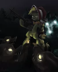 Size: 727x900 | Tagged: safe, artist:gsphere, derpibooru import, granny smith, earth pony, pony, timber wolf, badass, bipedal, doom, female, glare, gritted teeth, gun, hoof hold, m60, machine gun, mare, night, rifle, weapon, young, young granny smith, younger, zap apple