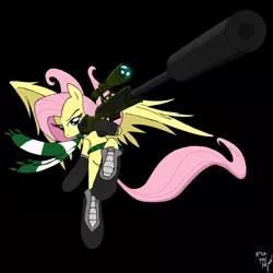 Size: 900x899 | Tagged: safe, artist:amostheartman, derpibooru import, fluttershy, pegasus, pony, black background, clothes, female, flutterbadass, gun, hooves, mare, optical sight, rifle, scarf, simple background, sniper, sniper rifle, snipershy, solo, spread wings, suppressor, weapon, wings