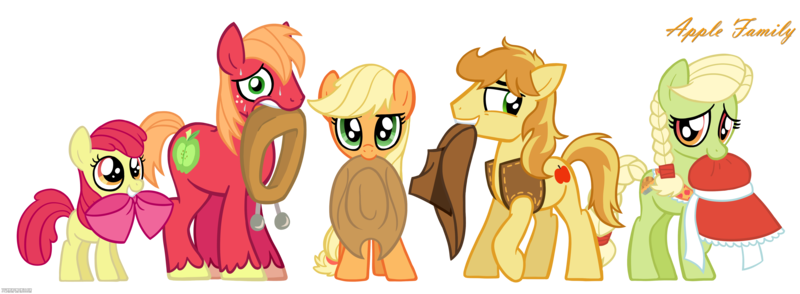 Size: 6104x2246 | Tagged: safe, artist:773her, derpibooru import, apple bloom, applejack, big macintosh, braeburn, granny smith, earth pony, pony, apple family, braid, female, filly, hat, male, mare, mouth hold, simple background, stallion, sweat, transparent background, yoke, young