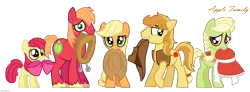 Size: 6104x2246 | Tagged: safe, artist:773her, derpibooru import, apple bloom, applejack, big macintosh, braeburn, granny smith, earth pony, pony, apple family, braid, female, filly, hat, male, mare, mouth hold, simple background, stallion, sweat, transparent background, yoke, young