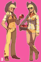 Size: 777x1181 | Tagged: apple, applejack, applejack's hat, artist:emlan, basket, boots, cowboy boots, cowboy hat, derpibooru import, female, food, hat, human, humanized, ponibooru import, safe, simple background, solo