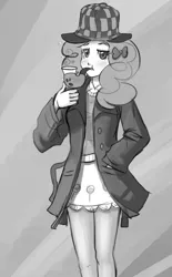 Size: 620x1000 | Tagged: abstract background, artist:mew, bubble pipe, clothes, deerstalker, derpibooru import, detective, female, hat, human, humanized, mmmystery on the friendship express, monochrome, pinkie pie, pipe, safe, solo