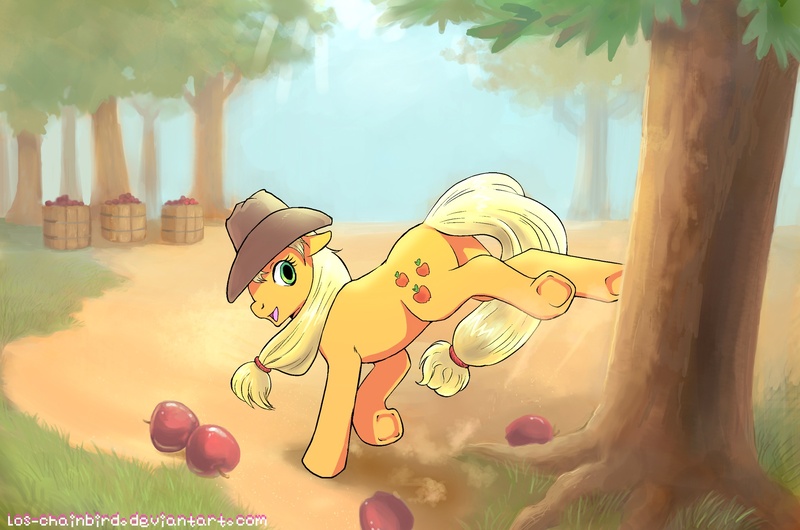 Size: 1968x1303 | Tagged: safe, artist:los-chainbird, derpibooru import, applejack, earth pony, pony, apple, bucking, female, mare, photoshop, solo, tree, underhoof