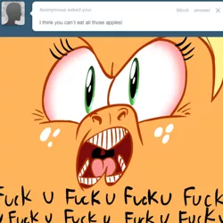 Size: 500x500 | Tagged: safe, artist:hotdiggedydemon, derpibooru import, applejack, earth pony, pony, ask jappleack, angry, ask, female, glare, jappleack, looking at you, mare, open mouth, solo, vulgar