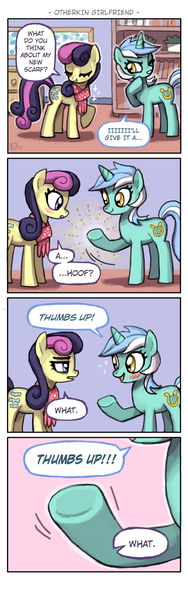 Size: 504x1610 | Tagged: safe, artist:emlan, derpibooru import, bon bon, lyra heartstrings, sweetie drops, earth pony, pony, unicorn, 4koma, blushing, bon bon is not amused, clothes, comic, female, lesbian, lyrabon, mare, scarf, shipping, speech bubble, thumbs up, underhoof