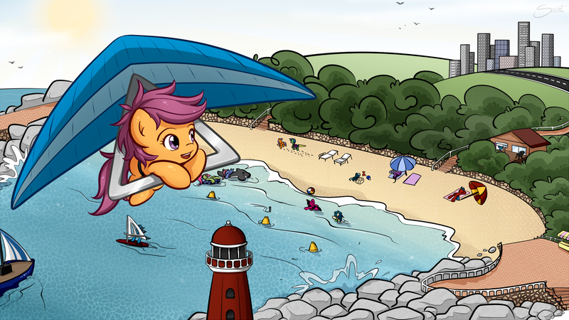 Size: 1920x1080 | Tagged: safe, artist:secret-pony, derpibooru import, scootaloo, pegasus, pony, beach, boat, city, cute, cutealoo, female, filly, hang gliding, lighthouse, open mouth, scootaloo can fly, smiling, solo focus, wallpaper, water